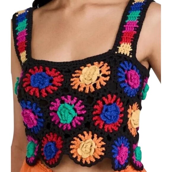 Farm Rio Crochet Flowers Top in Black with Colorful Floral Pattern Size Medium - Picture 3 of 5